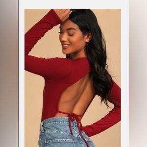 Hitting the Town Wine Red Ribbed Long Sleeve Backless Bodysuit